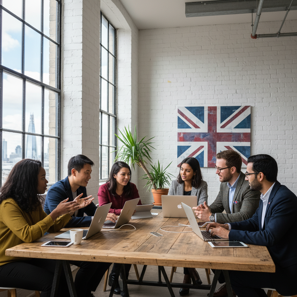 A diverse group of expat entrepreneurs collaboratively working on laptops and tablets in a modern, light-filled co-working space in London, with a subtle British flag element.