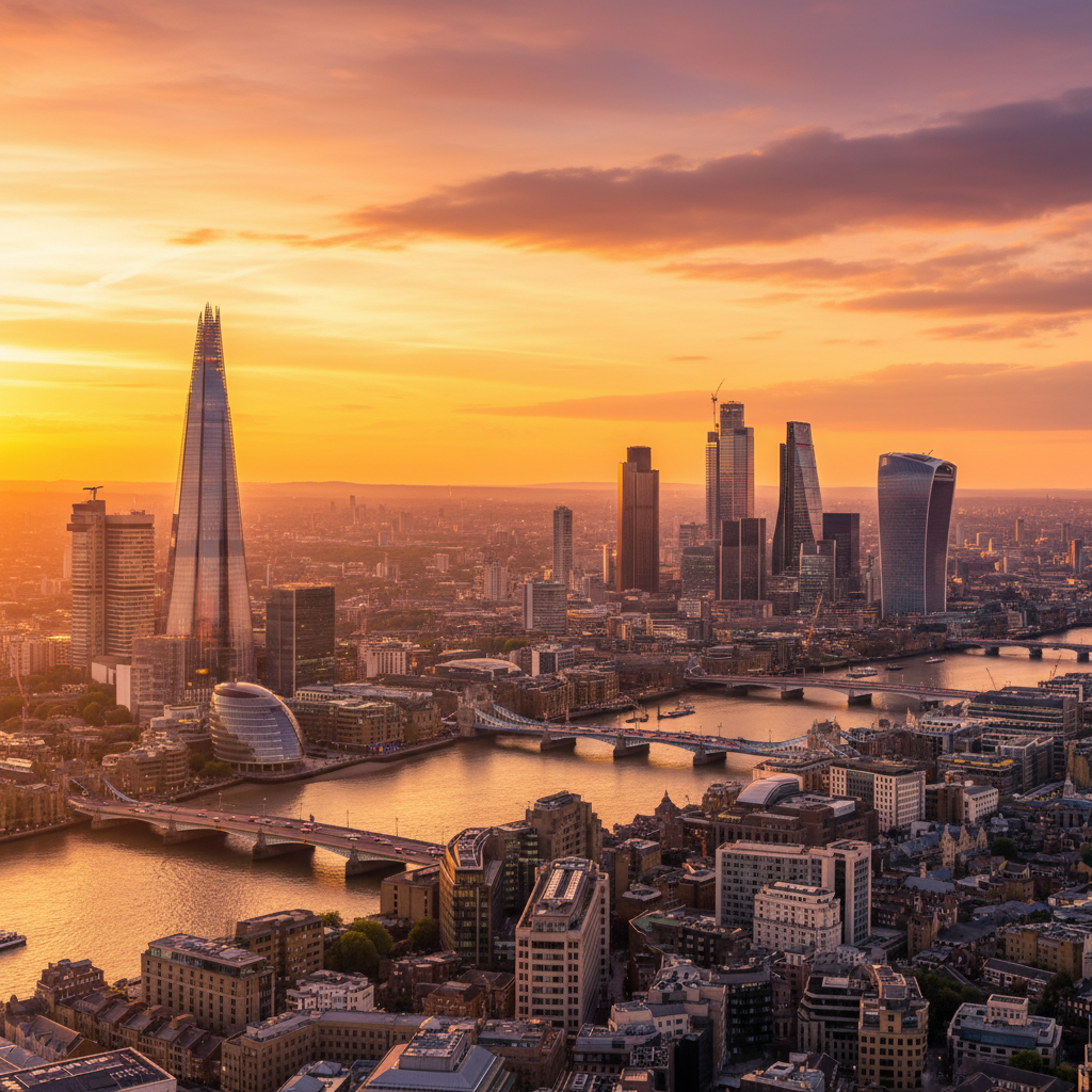 A bustling, modern city skyline of London at sunset, with iconic buildings like The Shard and Canary Wharf visible, symbolizing a thriving global financial and business hub. The sky has warm, golden hues.
