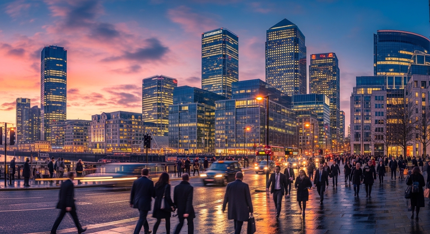 A wide-angle, photorealistic shot of the London financial district (Canary Wharf or The City) at dusk, with modern skyscrapers illuminated against a colorful sky. Show diverse people walking on the streets, implying a bustling international business hub.