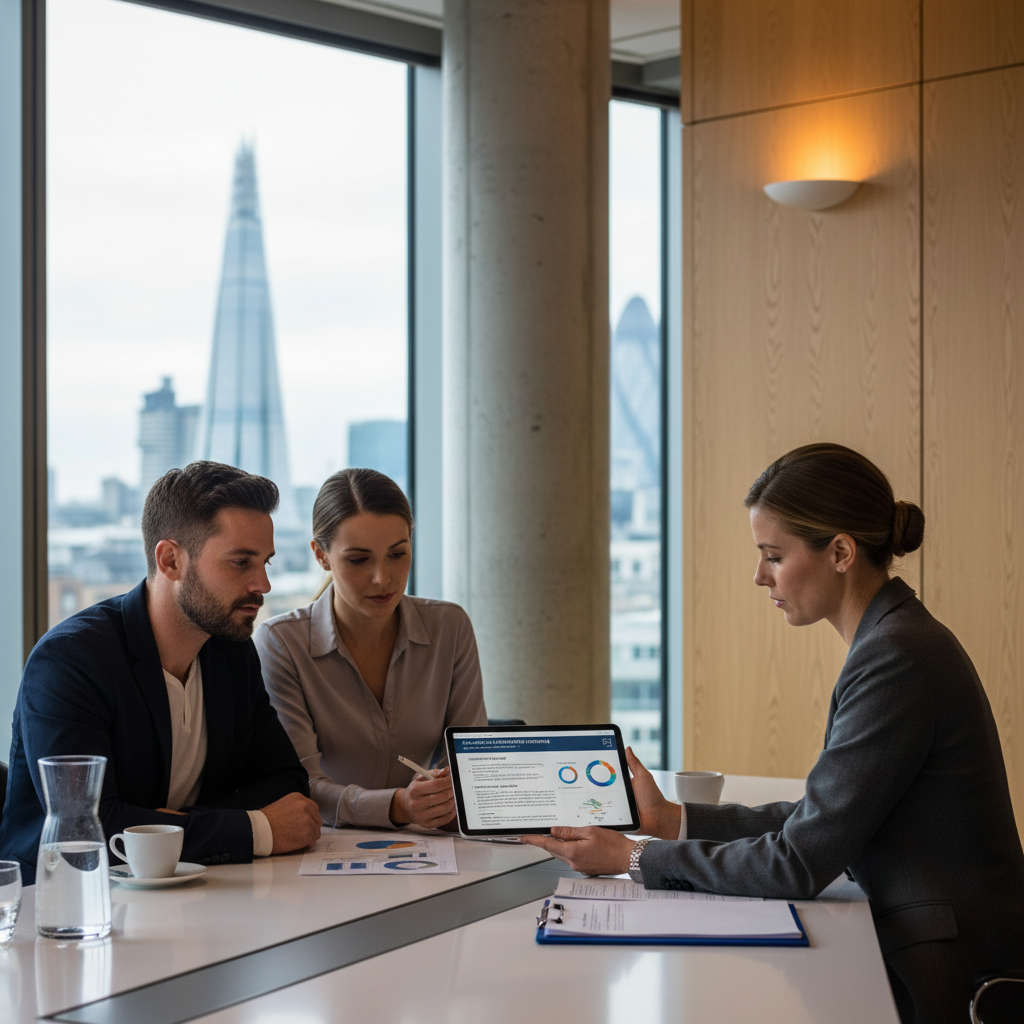 A professional financial advisor discussing business acquisition financing options with a serious UK expat couple in a modern office setting. They are looking at documents on a tablet.