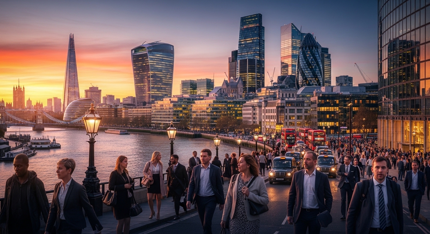 A vibrant, diverse cityscape of London at sunset, with modern skyscrapers reflecting the orange light, showcasing a bustling global business hub with diverse people walking below.