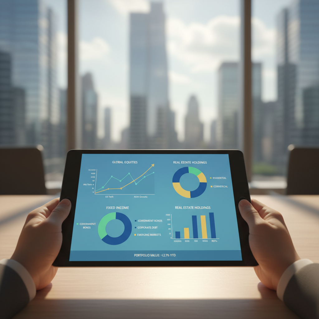 A diverse financial portfolio displayed on a digital tablet, showing graphs and charts of various global assets like stocks, bonds, and real estate. The setting is a modern, sunlit office with a blurred cityscape in the background. Photorealistic, professional, high-resolution.