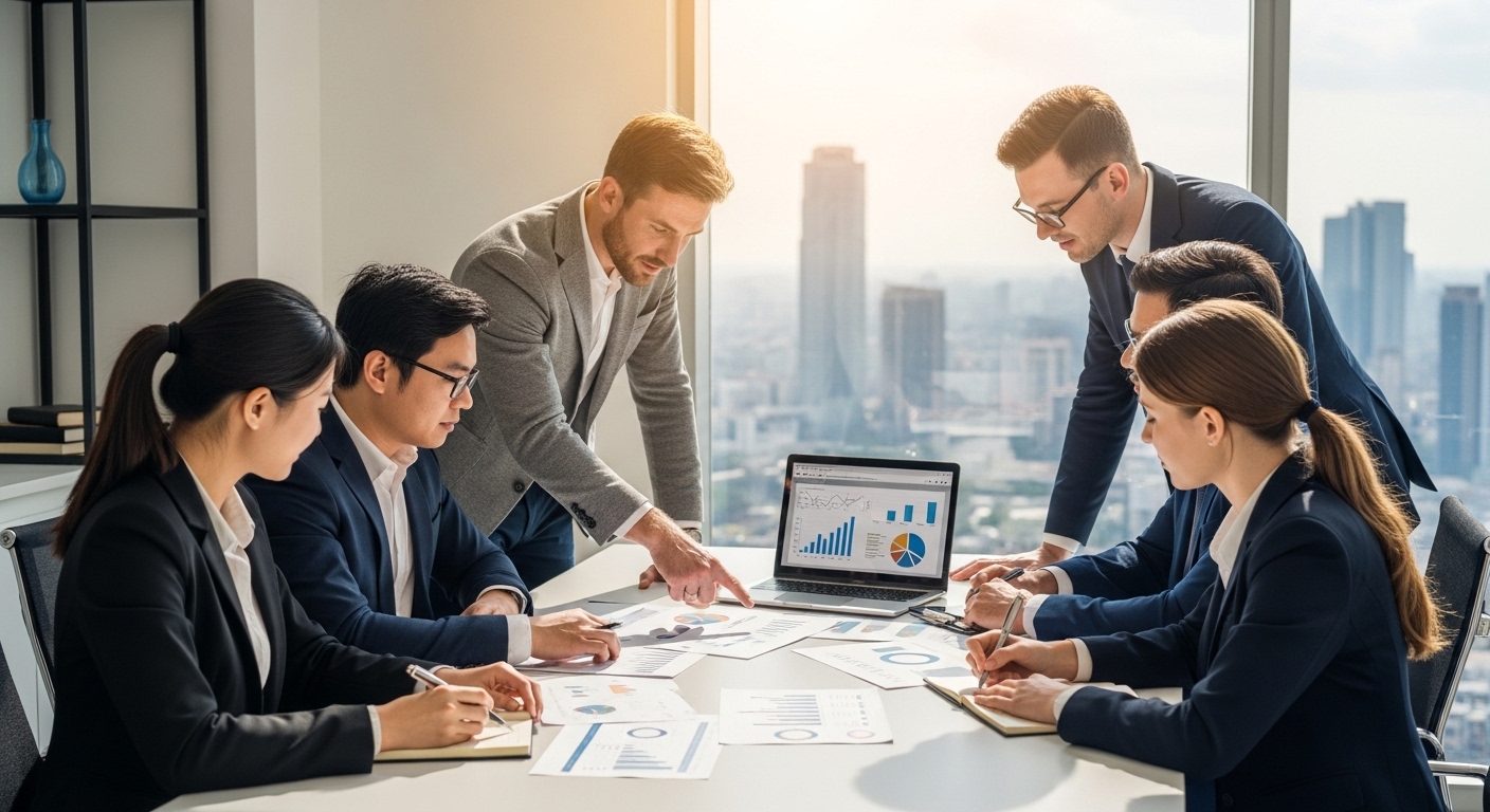 A diverse group of business professionals, including an expat, are collaborating around a table in a modern, sunlit office. They are reviewing documents and a laptop, with a blurred cityscape visible through a large window. The atmosphere is professional and collaborative, depicting successful business integration.
