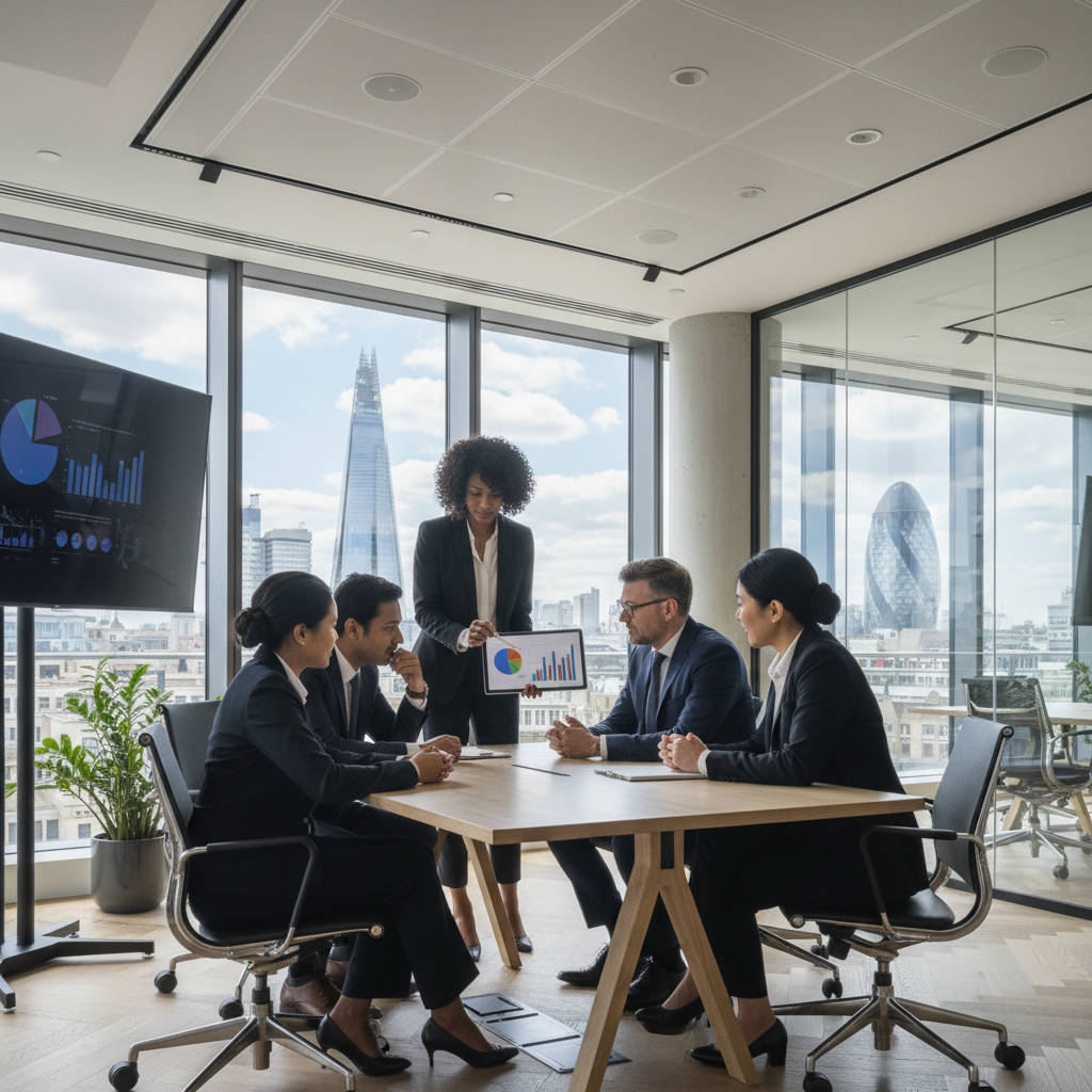 A professional, diverse group of business people collaborating in a modern, light-filled office space in London, looking at a digital tablet with charts. Realistic, high-resolution, business setting.