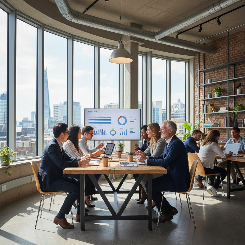 A diverse group of international founders in a modern, collaborative co-working space in London, excitedly discussing a business plan with an angel investor, illuminated by natural light through large windows.