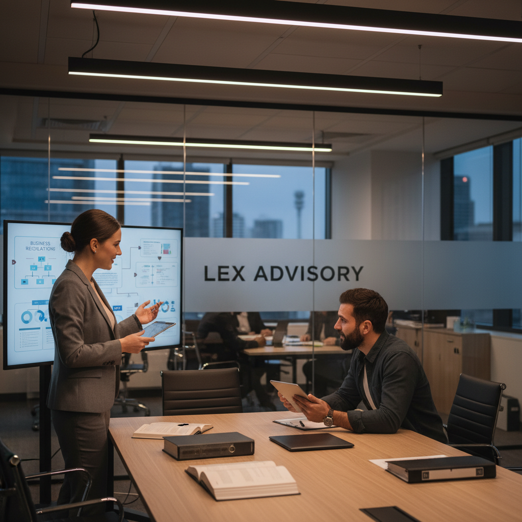 A professional legal advisor in a modern office setting, consulting with an expat client, discussing complex business regulations with a helpful and reassuring demeanor.