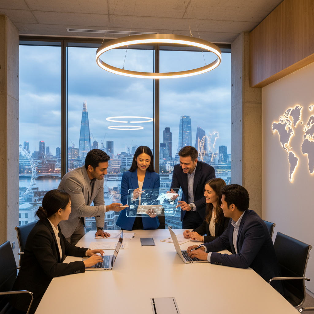 A professional, diverse group of business people in a modern office setting in London, actively collaborating and looking at a digital tablet, with the London skyline visible through a large window, conveying innovation and global business connections, photorealistic.