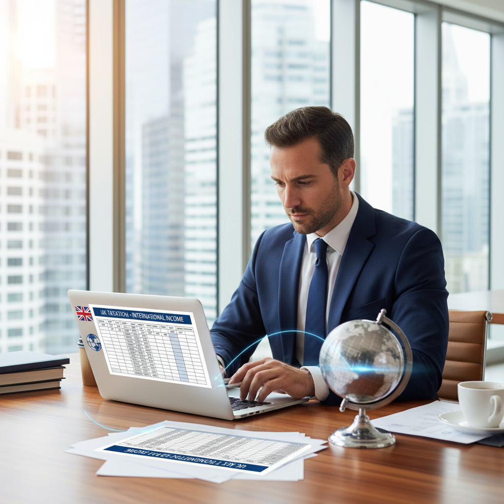 A professional-looking expat businessman in a modern office, looking thoughtfully at a laptop with UK tax documents and a globe icon on the desk. The image should convey a sense of financial planning and complexity of international taxation.