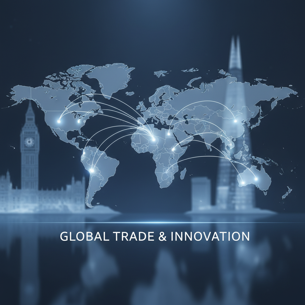 A professional image depicting a world map with interconnected lines highlighting the UK, symbolizing global business connections and the ease of international trade. The focus is on a modern, clean design with subtle UK landmarks like Big Ben and The Shard in the background, conveying stability and global reach in a photorealistic style.