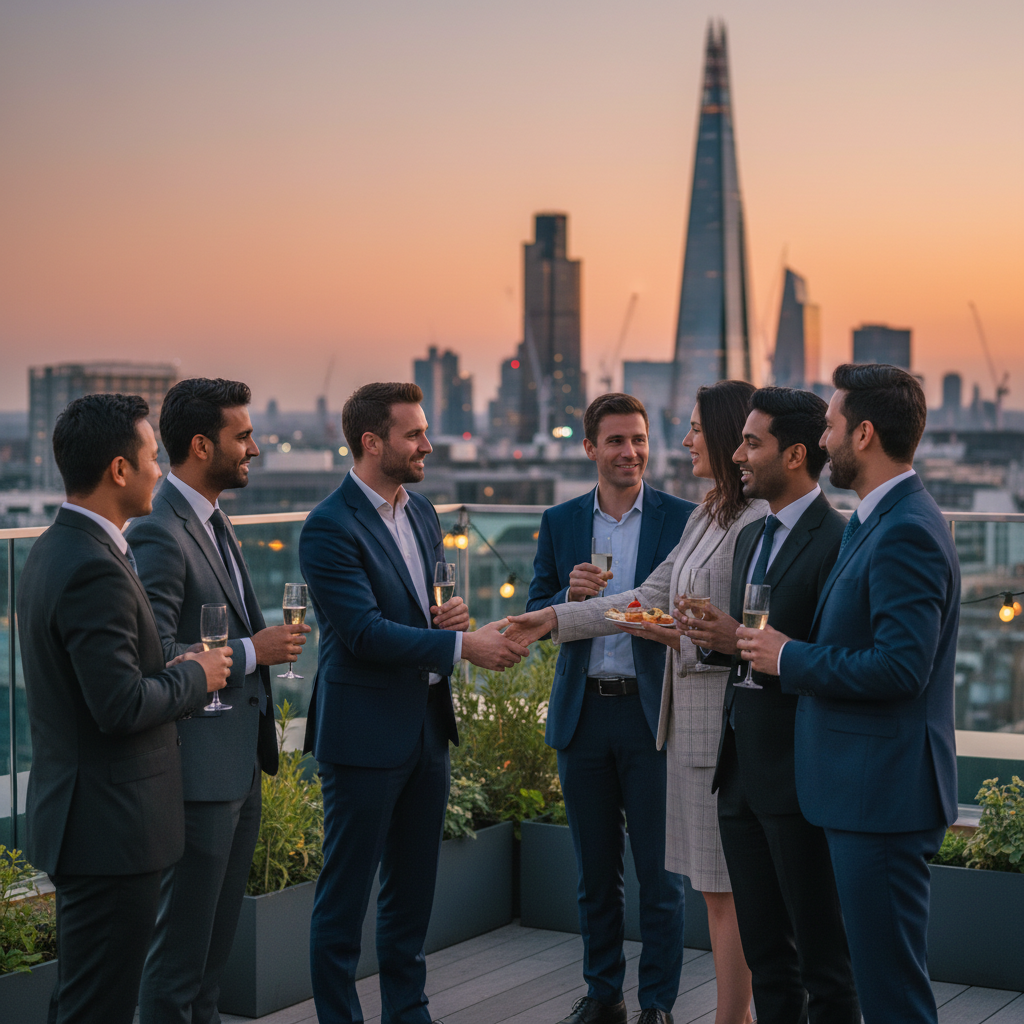 A diverse group of business professionals networking in a modern UK city setting, perhaps with iconic London landmarks visible in the blurred background, conveying successful expat business integration and collaborative spirit.
