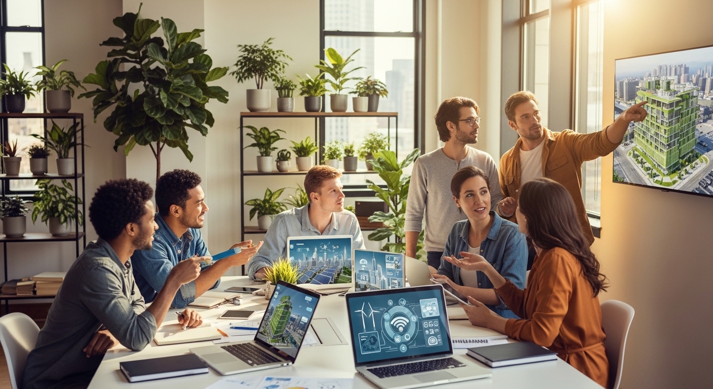 A diverse group of entrepreneurs in a modern, collaborative office space, brainstorming ideas related to sustainable technology, with digital mockups on screens and green plants in the background, conveying innovation and teamwork.