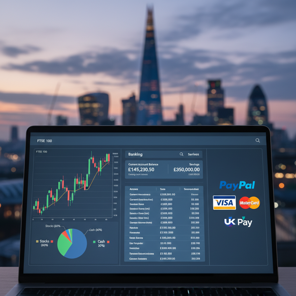 A close-up, photorealistic image of a laptop screen displaying various financial charts, digital banking interfaces, and payment gateway logos, with a blurred background of a modern UK city skyline.