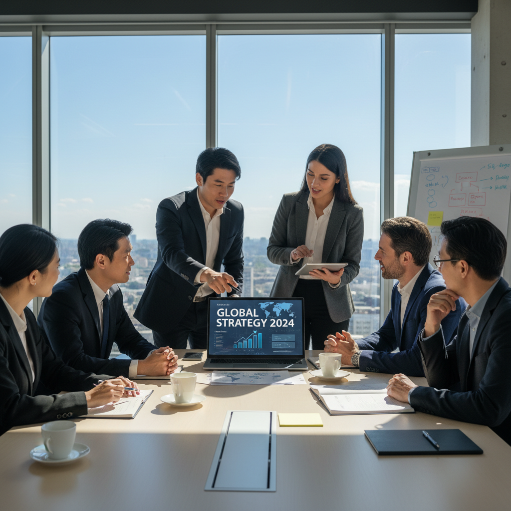 A detailed, photorealistic image of a diverse group of international business people collaborating enthusiastically in a modern, light-filled office space. One person points at a laptop screen displaying a business plan with global statistics, while others engage in animated discussion and review documents, symbolizing successful global business operations and strategic planning with clear focus and determination.