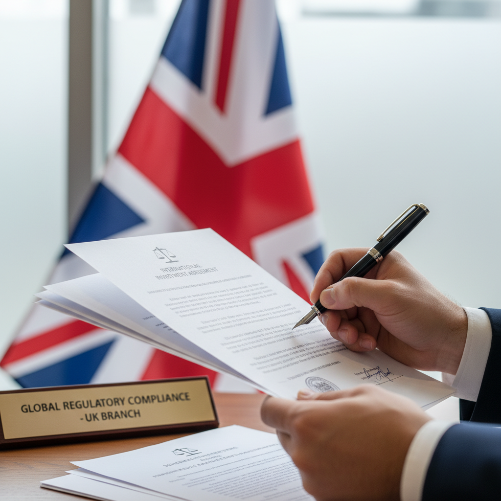 Close-up of hands signing official business documents with a British flag subtly in the background, signifying legal and regulatory compliance for international investment.