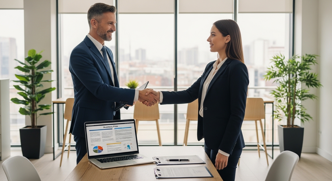A professional, experienced business consultant with a friendly demeanor is shaking hands with an expat entrepreneur in a bright, contemporary office setting. A laptop displaying a business plan and some legal documents are on the table in front of them, symbolizing successful agreement and guidance.