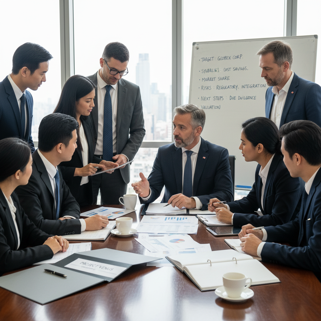 A diverse group of business professionals, including a UK expat, gathered around a conference table, reviewing financial documents and engaging in a strategic discussion about a potential business acquisition. A whiteboard with bullet points is visible in the background.