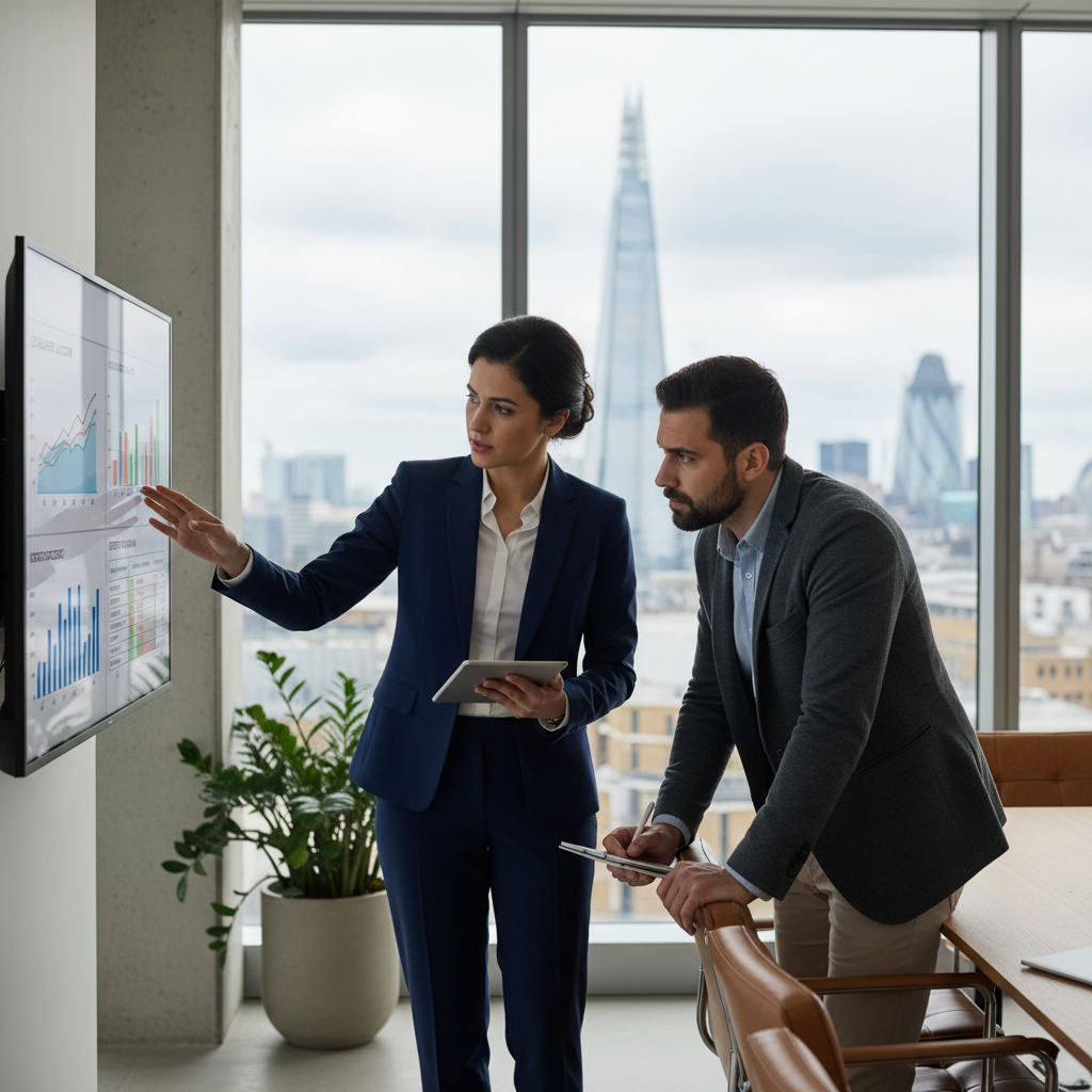 A professional financial advisor in a modern, well-lit office, explaining complex financial documents on a screen to an expat entrepreneur client. Both are dressed in business attire and appear engaged in a serious discussion about wealth planning. The background includes a large window with a subtle view of London. Photorealistic, high-detail, professional.