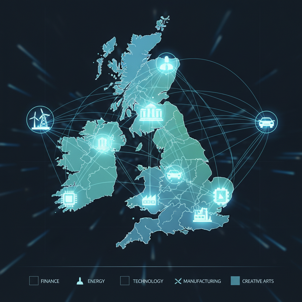 A vibrant, detailed map of the United Kingdom with various business icons overlaid, representing different industries and cities. The map is glowing with network lines, signifying connectivity and economic activity. High detail, bright, modern infographic style.