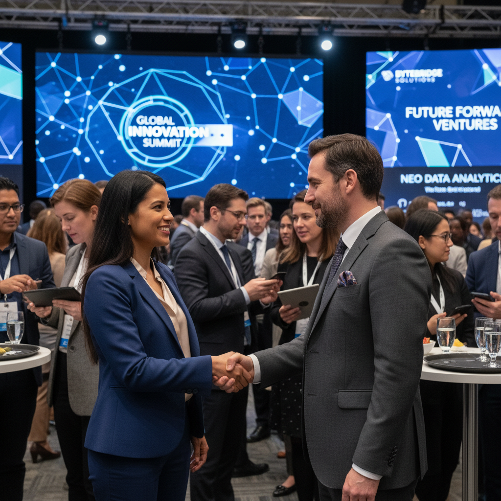 An international female founder confidently shaking hands with a UK venture capitalist at a bustling tech conference networking event, with many other professionals mingling in the background.