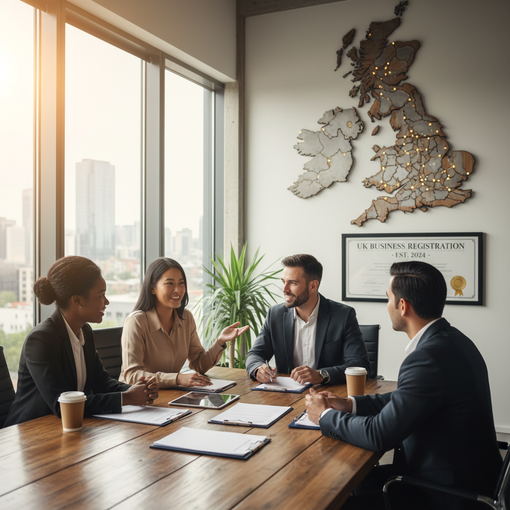 A diverse group of business professionals in a modern office collaborating, with legal documents and a UK map subtly in the background, conveying successful business setup.
