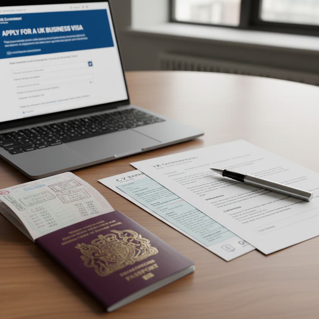 A close-up shot of a passport open on a desk next to various official documents, a pen, and a laptop displaying the UK government visa application page, signifying the meticulous process of applying for a UK business visa, professional and clear, photorealistic.