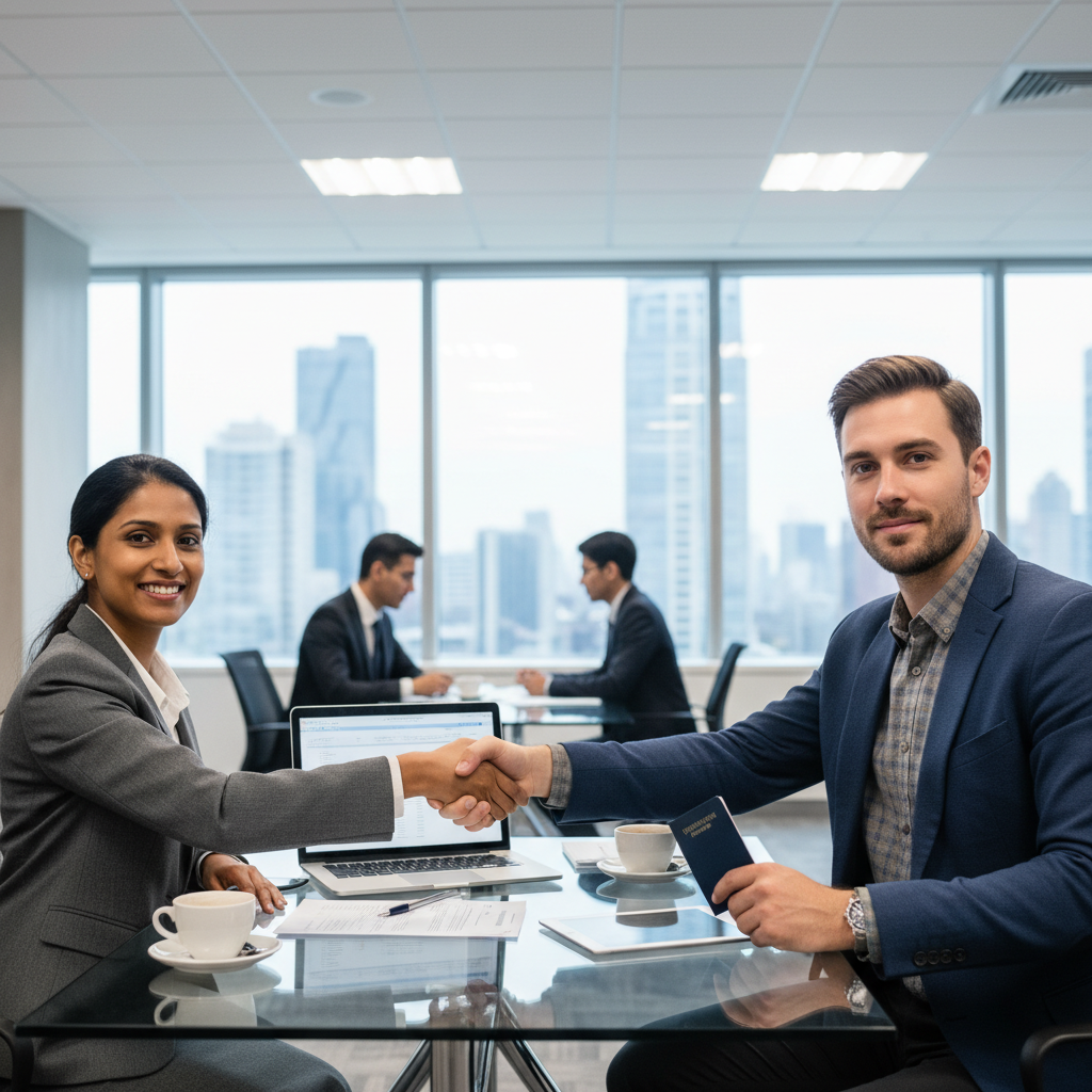 Two diverse professionals, an expat and a tax advisor, shaking hands across a sleek, modern desk in a well-lit office, indicating a successful consultation. The scene should be professional, collaborative, and convey trust and expertise.