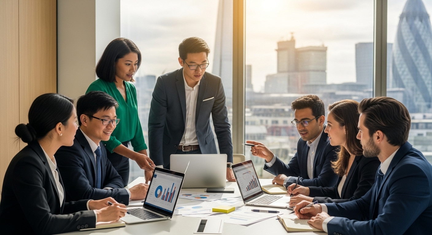 A professional, diverse business team (including individuals of various ethnicities) in a modern, sunlit office in London, collaborating around a large table with laptops and documents. They are discussing strategies, looking engaged and proactive. Focus on a sense of collaboration and global business environment.