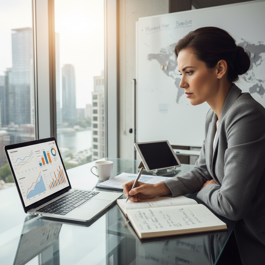 A professional expat entrepreneur in a modern, well-lit office setting, looking intently at a laptop screen displaying charts and growth graphs, with a focused and determined expression, representing successful business growth and strategic planning.